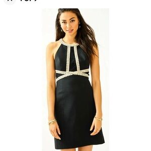 Lilly Pulitzer, black dress with gold trim.